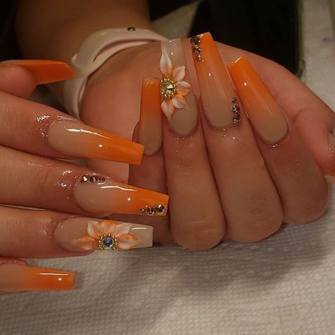 Cute summer nails.Visit our website for more designs. Orange Acrylic Nails, Long Acrylic Nail Designs, Ombre Acrylic Nails, Fall Acrylic Nails, Long Acrylic Nails Coffin, Acrylic Nails Coffin Pink, White Nail, Summer Acrylic Nails, Orange Nails