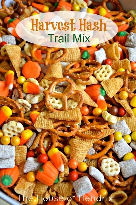 Harvest Hash - Halloween Trail Mix - The House of Hendrix Halloween Trail Mix Recipe, Harvest Hash, Halloween Trail Mix, Snack Halloween, Halloween Fingerfood, Fall Snack Mixes, Trail Mix Recipe, Halloween Finger Foods, Halloween Snack Mix