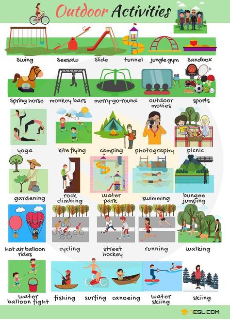 0shares Outdoor games and activities may refer to a team sport game or practice held in an outdoor setting. When … Activities List, Sports Activities For Kids, English Games, Kids English, English Vocab, Vocabulary List, Outdoor Activities For Kids, English Lessons For Kids, English Activities