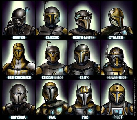 "Types" of Mandalorian Helmets (and armor) | Boba Fett Costume and Prop Maker Community - The Dented Helmet Mandalorian Helmets, Star Wars Logos, Star Wars Clones, Star Wars Meme, Star Wars Helmet, Mandalorian Helmet, Star Wars Trooper, Star Wars Characters Pictures, Arte Alien