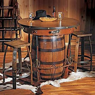 Cowboy Western Pub Table and Bar Stools | Flickr - Photo Sharing! Wine Barrel Chairs, Barn Bar, Whiskey Barrel Table, Western Bar, Casa Hobbit, Barrel Table, Barrel Furniture, Western Rustic, Party Barn