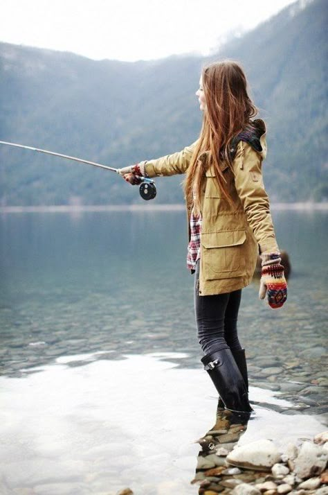 To the wilderness, please. I need her clothes and fly fishing lessons. Also a handgun in case bears eye my catch. Wander Outfit, Fishing Outfit, A Well Traveled Woman, Outdoor Girls, Fishing Girls, Gone Fishing, Fishing Outfits, Thanksgiving Outfit, Pics Art