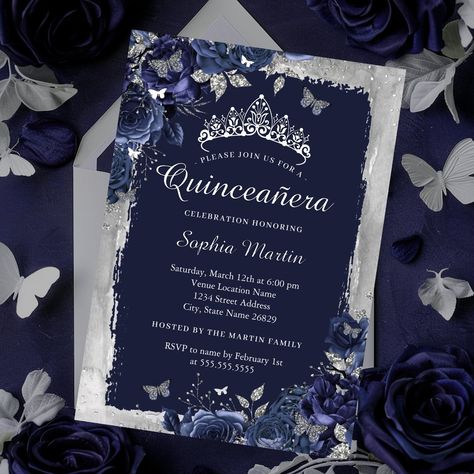 More Pretty Navy Silver Quinceanera Birthday Invitations in the Little Bayleigh Store! Quinceanera Starry Night Theme, Quince Blue Invitations, Quinceanera Invitations Ideas Blue, Night Sky Quinceanera Theme, Under The Stars Quinceanera Theme Dress, Navy Blue Quince Invitations, Royal Blue And Silver Quinceanera Theme, Dark Blue Sweet 16, Navy Blue Quinceanera Decorations