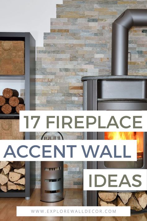 Designing an Accent Wall Around Your Fireplace: 17 Stunning Ideas - Explore Wall Decor Gas Fireplace Accent Wall, Gas Fireplace Surround Ideas Stone, Wood Wall Behind Fireplace, Decor Sides Of Fireplace, How To Decorate Around A Pellet Stove, Fireplace That Sticks Out From Wall, Fireplace Wall Tiles, Fireplace With Wallpaper Accent Walls, Feature Wall Behind Fireplace