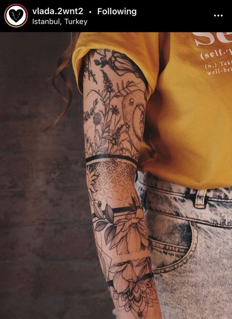 Dot Sleeve Tattoo, Geometric Nature Tattoo Sleeve, Womens Nature Sleeve Tattoo, Sleeves On Women Tattoo, Woman With Sleeve Tattoo, Earthy Sleeve Tattoos For Women, Women Arm Sleeve Tattoo Ideas Unique, Woman’s Arm Sleeve, Women’s Arm Sleeve Tattoos