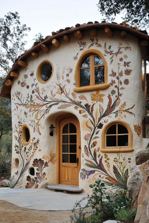 Modern cob house facade ith floral pattern exterior. Check out all of these inspiring Bohemian exteriors of self-sustaining homes that blend creativity with eco-friendly living. House Unique, Earthen House Design, Mud Brick House Exterior, Cob Cabin, Indie House Exterior, Tile House Exterior, Home Cottage, Alternative Homes, Cob Architecture