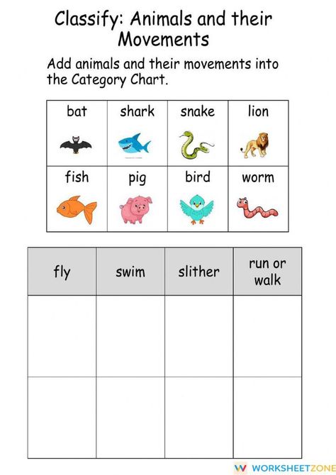 Students have to add animals and their movements into the Category Chart. Download the PDF file and try the interactive worksheet at the link above! Animals Movement Worksheet, Types Of Animals Worksheet, Classifying Animals Worksheet, Movement Drawing Ideas, Printable Sight Words, Classifying Animals, Movement Of Animals, Esl Materials, Animals Worksheet