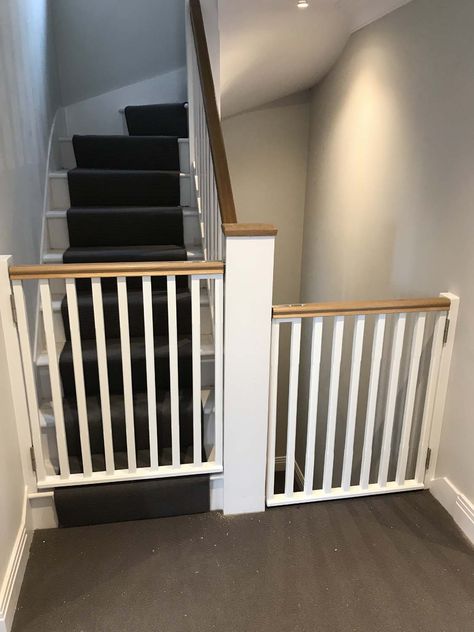 Wooden Stair Gate Ideas, Safety Door For Stairs, Stair Gate Ideas, Baby Gate Stairs, Banister Baby Gate, Baby Gate Staircase Open On One Side Fabric, Custom Stair Gate, Wooden Stair Gate, Staircase Gate