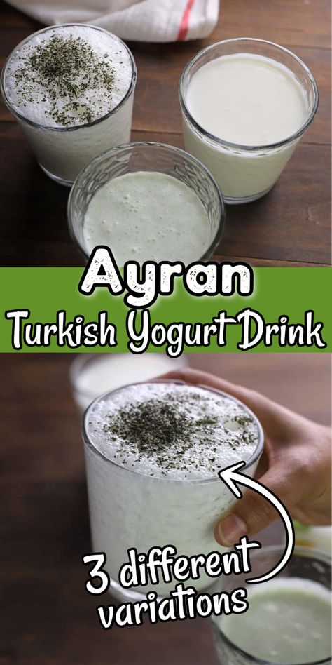 Ayran is a Turkish yogurt drink that is served throughout the Middle East and Mediterranean region. This super easy to make drink goes well with almost any meal. Here I will show you 3 most popular ways to make and enjoy Ayran. Ayran Drink Recipe, Turkish Drink Recipes, Middle Eastern Drinks, Tajikistan Food, Ayran Drink, Turkish Salad Recipes, Billy Diy, Yogurt Drink Recipe, Lebanese Desserts Recipes