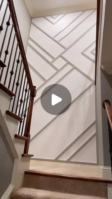 The Boardroom™ Accent Walls on Instagram: "Transform your stairway landing into a stunning focal point with this two-toned geometric design! ✨ Definitely a statement piece in any home. 🏡  #HomeDesign #AccentWall #GeometricDesign #InteriorInspo #HomeDecor #StatementPiece #ModernHome #DIYHome #DesignDetails #TheBoardroomAccentWalls #homemakeover" Entrance Hall Ideas With Stairs, Accent Wall On Stair Landing, Hall Wall Design Ideas, Stair Way Wall Decor Ideas, Stairwell Accent Wall Ideas, Hall Wall Design, Tall Staircase Wall Ideas, Stair Landing Decor Ideas, Stair Case Wall Design