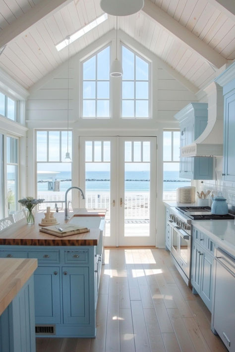 36 Chic Butcher Block Island Ideas for a Coastal Kitchen Kitchen For Beach House, Coastal Chic Interior Design Kitchen, Cute Beach House Interior, Small Coastal House Interior, Kitchen With Ocean View, Rustic Beach House Kitchen, Coastal House Kitchen, Coastal House Ideas, Beach House Kitchen Ideas