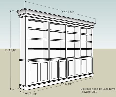 Built-In Bookshelf.  Nice dimensions and doors.  how to raise up on feet to be installed but look like furniture... Why does she want feet anyway? Built In Bookshelf, Builtin Bookshelves, Bookcase Plans, Bookshelf Plans, Bookshelves In Living Room, Bookcase Design, Home Library Design, Bookshelf Design, Wall Units