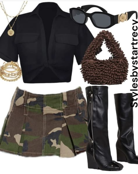 Baddie Night Out Outfits Summer, Tan Bodysuit Outfit Black Women, Camo Boots For Women Outfits, Concert Skirt Outfit, Camo Skirt Outfit Black Women, Skirt Outfit Black Women, Club Outfit Night, Outfit Club, Girls Night Out Outfit