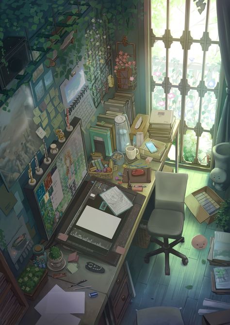 Desk by Mitsuki Yu Hsiang Yi Anime Study, Artist Workspace, Witch Room, Bedroom Drawing, Anime Room, Dreamy Art, Environment Concept Art, Computer Wallpaper, Anime Background