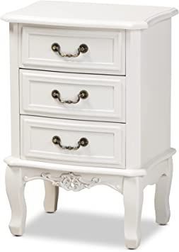 dnatsthgiN dooW rewarD-3 dehsiniF-etihW laicnivorP yrtnuoC hcnerF lanoitidarT elleirbaG oidutS notxa B Bedside Table Styling, French Provincial Design, Accent Table Decor, Drawer Wood, 3 Drawer Nightstand, White Nightstand, Wood Dresser, King Headboard, Baxton Studio