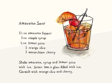 amaretto sour Cocktail Amaretto, Amaretto Sour Recipe, Amaretto Sour Cocktail, Bartender Drinks Recipes, Drink Doodles, Amaretto Sour, Bartender Drinks, Cocktail Drinks Alcoholic, Sour Foods