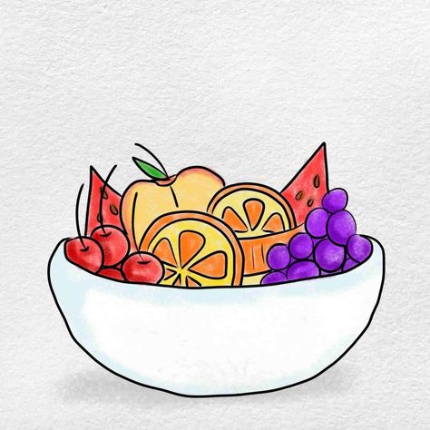 How to Draw Fruit - HelloArtsy Bowl With Fruit Drawing, Fruit Bowl Drawing Easy, Bowl Of Fruit Drawing, Fruits Drawing Easy, Frutas Aesthetic, Fruit Bowl Drawing, Fruit Bowl Art, Bowl Drawing, Class Drawing