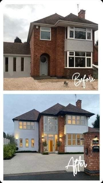 Front House Renovation, Brick Extension On Rendered House, 60s House Renovation, House Rendering Ideas, 1930 House Exterior, Rendered House Exterior, 1930s House Exterior Uk, Bungalow Entrance, 1970s House Exterior