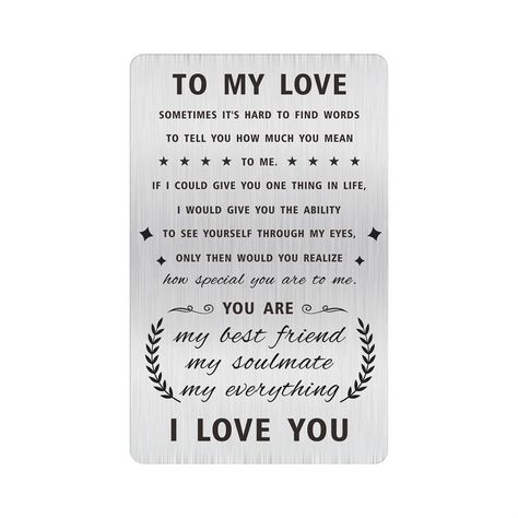 PRICES MAY VARY. To My Love Wallet Card - Sweet love gifts for your love to remind him/her how much he/she means to you. Personalized gift on many occasion - birthday, christmas, fathers day, mothers day, valentines day, thanksgiving, wedding, wedding anniversary or just because present High Quality Material - This unique soulmate wallet card is made of high quality stainless steel, Permanent Laser Engraved, very sturdy, will not fade. Cute way to say "I love you" To My Love Card - To my love, S My Love For Him Quotes, Handmade Anniversary Cards For Husband, Laser Business, Thanksgiving Wedding, Meaningful Love Quotes, You Are My Friend, To My Love, Engraved Wallet, My Soulmate