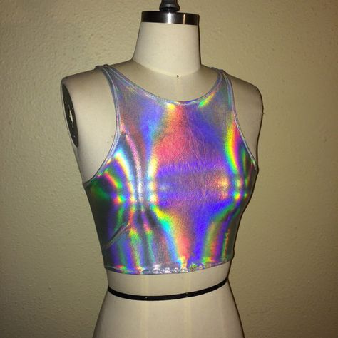 Size Small Holographic stretchy Rave rainbow Crop Top Holographic Clothing, Holo Clothes, Y2k Holographic, Holographic Crop Top, Purple Holographic Bodysuit, Holographic Fashion, Rave Babe, Rave Style, Rave Festival