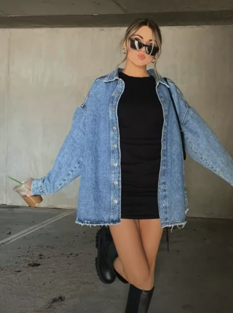 Jean Jacket Club Outfit, Denim Jacket Black Dress, Denim Skirt With Denim Jacket, Flannel And Denim Jacket Outfit, Jean Jacket With Dress Outfits, Jean Jacket Going Out Outfit, Jean Jacket Skirt Outfits, Denim Biker Jacket Outfit, Jean Jacket Over Dress