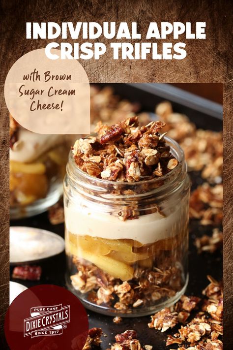 These delicious Individual Apple Crisp Trifles are perfect for a fall gathering, with crunchy praline crisp, brown sugar cream cheese filling and sautéed apples. All the elements can be prepared days in advance, which makes it as easy as it is delicious! Individual Apple Crisp, Sautéed Apples, Crisp Recipes, Fruit Desserts Easy, Apple Desserts Easy, Fruit Dessert Recipes, Apple Dessert, Trifle Desserts, Dessert In A Jar