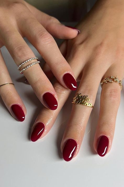 Short Round Nails Burgundy, Wine Red Round Nails, Short Rounded Red Nails, Dark Cherry Almond Nails, Burgundy Almond Shaped Nails, Wine Red Nail Inspo Almond, Short Nails Round Shape, Short Almond Nails Burgundy, Short Round Burgundy Nails