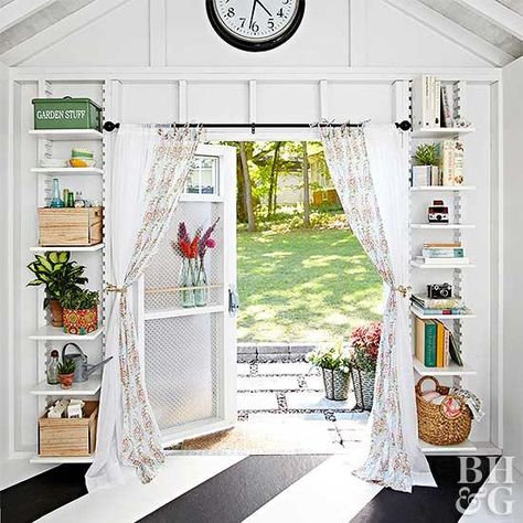 inside of shed Garden Shed Makeover, She Shed Interior Ideas, She Shed Decorating Ideas, Shed Guest House, She Shed Interior, Shed Playhouse, She Shed Decor, Outdoor Shed, Shed Makeover