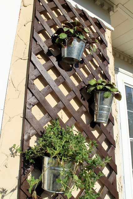 Lattice Planter.. use for my herbs, ivy & flowers.. on the privacy fence, next to grill on pallet. sturdy enough for a hanging basket? Apartment Patio Privacy, Lattice Ideas, Apartment Patio Gardens, Balcony Herb Gardens, Patio Privacy Screen, Patio Flowers, Privacy Plants, Patio Privacy, Balcony Flowers