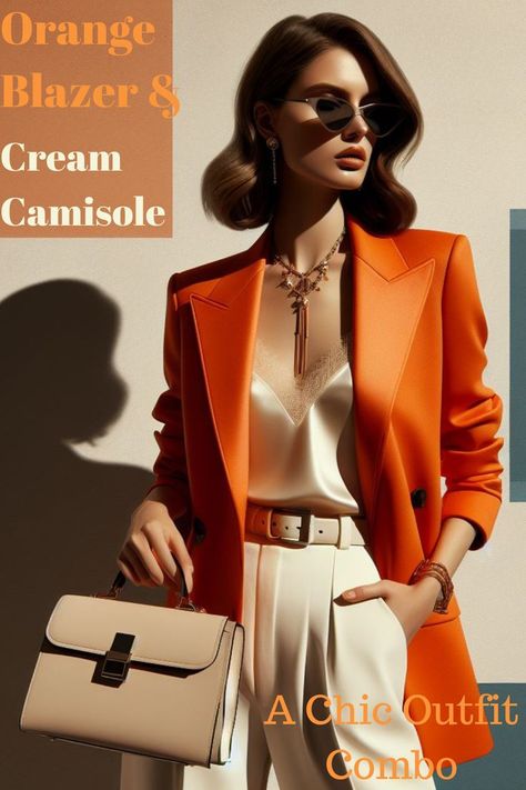 Concise Image Description]
Model wears a stylish spring outfit: orange blazer, cream camisole, white pants, and a beige bag.
Accessories include sunglasses, a faux gold necklace, and a cream belt.
Color-coordinated text highlights key outfit elements, and "A Chic Outfit Combo" caption adds context.
The image showcases a trendy spring ensemble with harmonious colors and accessories. Orange Blazer Outfits, Business Casual Style, Orange Blazer, Blazer Outfit, Fashion Business Casual, Office Look, Blazer Outfits, Business Casual Outfits, Office Outfits