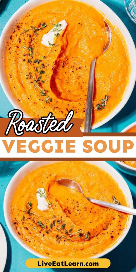 Image of the roasted veggie soup Healthy Vegetables Soup Recipes, Soup Roasted Vegetable, Paleo Veggie Soup, Clear Veggie Soup, Roasted Vegetable Bisque, Veggie Soup Vegan, Veggie Soups And Stews, Healing Vegetable Soup, Vegan Roasted Tomato Soup