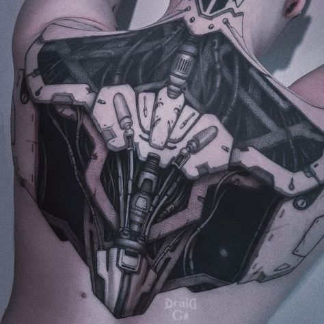 Kate and Diana • TATTOO on Instagram: "Covering old tattoos with cybernetic implants 3 sessions / freehand 🦾 . . . @gallery_tattooink  @object.cartridges  @tattoodruid  . . . #freehand #freehandtattoo #freehandtattooartist #blackart #blackartist #darkart #darkartists #cybertattoo #cyberpunktattoo #cyberproject #cyberpunk #tattoocyber #tattooback" Small Cyberpunk Tattoo, Dystopian Tattoo, Cyberpunk Neck Tattoo, Cyberpunk Head Tattoo, Cyberpunk Tattoo Back, Cyberpunk Chest Tattoo, Cybernetic Tattoo, Cybernetic Implants, Diana Tattoo