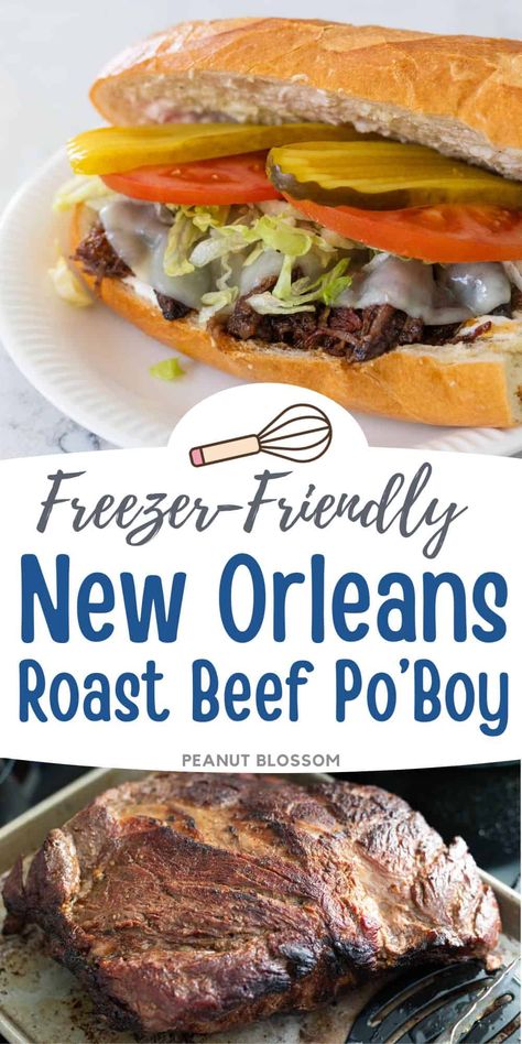 Seasoned and slow cooked for hours, this tender roast beef falls apart with a simple poke of a fork. Layer it into sandwich rolls with horseradish cream sauce, provolone cheese, lettuce, tomato, and pickles for a classic roast beef po'boy. Shredded Roast Beef, Classic Roast Beef, Shredded Roast, Guy Food, Po Boy Sandwich, Tender Roast Beef, Sandwich Rolls, Classic Roast, Peanut Gallery