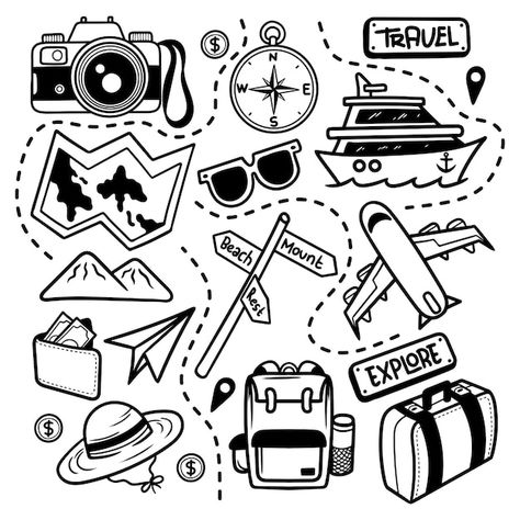 Doodle travel explore line art vector is... | Premium Vector #Freepik #vector #tour #tourism #trip-icon #travel Travel Cartoon Illustration, Doodle Travel, Country Drawings, Trip Illustration, Travel Cartoon, Whiteboard Ideas, Travel Symbols, Tourism Design, Travel Doodles