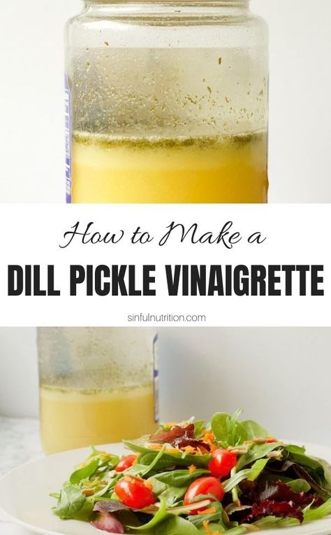 This dill pickle vinaigrette is a simple salad dressing recipe made with leftover pickle juice. The ultimate dressing for pickle lovers! | @sinfulnutrition #sinfulnutrition #pickledressing #dillpicklerecipes Dill Pickle Juice Recipe, Pickle Juice Recipe, Leftover Pickle Juice, Simple Salad Dressing, Pickle Dressing, Pickle Juice Uses, Homemade Salad Dressing Healthy, Dill Pickle Recipe, Seasonal Eating