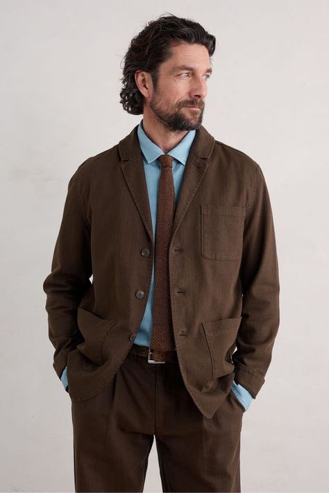 Love this it’s so cute Herringbone Texture, Seasalt Cornwall, Mens Jackets Casual, Brown Blazer, Brown Suits, Casual Blazer, Blazer Outfits, Sportswear Women, Men Looks