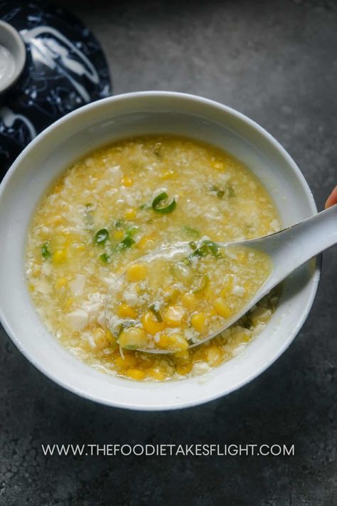 Chinese Corn Soup (Vegan) - The Foodie Takes Flight Silken Tofu Soup, Tofu Silken, Corn Soup Vegan, Chinese Corn Soup, Chinese Feast, Silken Tofu Recipes, Vegan Kimchi, Tofu Soup, Canning Sweet Corn