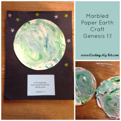 God Created Heaven And Earth Craft, Answers In Genesis Vbs 2024 Crafts, Glue Stick Crafts, Earth Craft, Messy Crafts, Vbs 2024, Black Construction Paper, Bible School Crafts, Marbled Paper