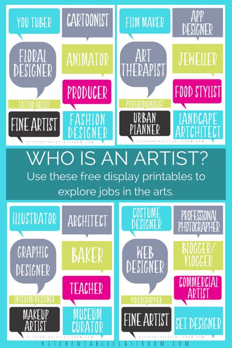 Jobs in the arts are as varied as you can imagine. Use these free printables to encourage your kids to explore career opportunities as creative as they are. Free graphic organizers and printable bulletin board displays help you start the conversation about jobs in the arts! Art Choice Board, History Jobs, Free Graphic Organizers, School Marketing, Printable Bulletin Board, Art Careers, Art Room Posters, Teachers Classroom, Choice Board