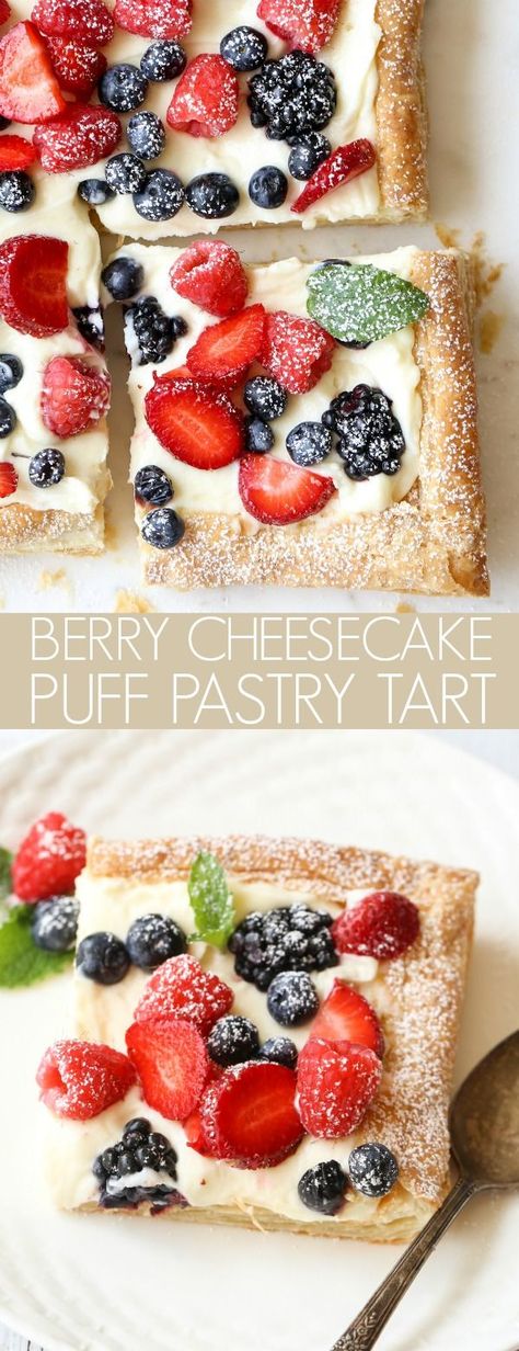 Pastry sheets with a mascarpone cheesecake filling and topped with your favorite berries. The perfect combination of flavors. #puffpastry #pastry #berry #cheesecake Strawberry Mascarpone Tart, Berry Tarts Recipe, Fruit Torte Recipe Berries, Berry Tart Recipe Easy, Puff Pastry Mascarpone, Berry Recipes Dessert, Desserts With Marscapone, Puff Pastry Fruit Tart, Fruit Tarts Recipe Dessert