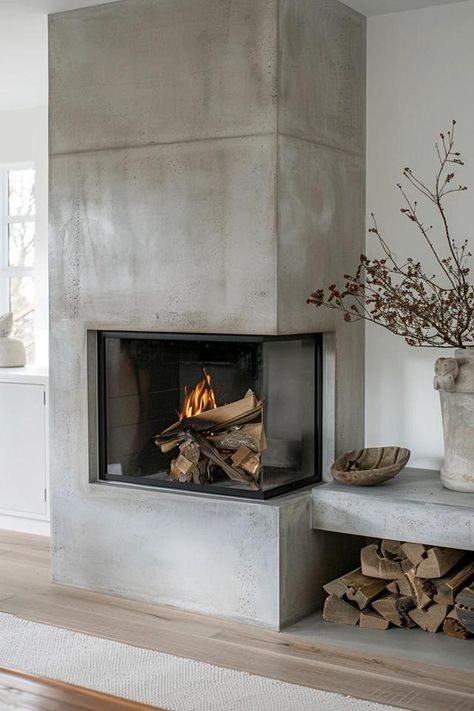 Chic Off Center Fireplace Design Ideas for Your Home Concrete Finish Fireplace, Fireplace Concrete Hearth, Fireplace Contemporary Design, Off Centered Fireplace Ideas, Double Sided Fireplace Ideas, Side Fireplace, Off Center Fireplace, Fireplace Contemporary, Loft Fireplace