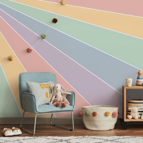 Happy Pastel Rainbow Wallpaper | Buy Online - Happywall Rainbow Wall Paint Girl Rooms, Pastel Rainbow Bedroom Decor, Pastel Rainbow Accent Wall, Pastel Wall Design, Pastel Painted Walls, Playroom Rainbow Wall, Pastel Rainbow Bedroom Ideas Kids, Rainbow Girls Bedroom Ideas, Rainbow Walls Girls Room