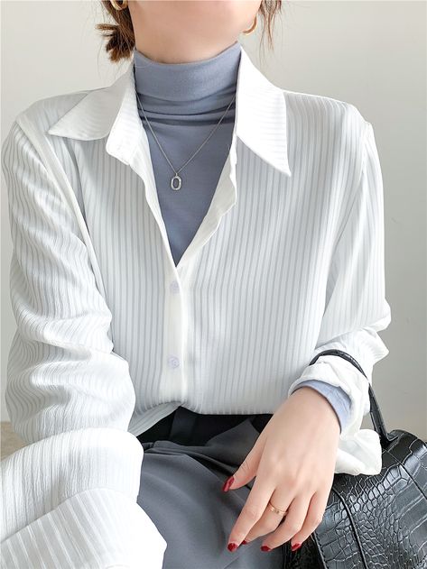 Take charge of your style and create the look you desire with our Vertical Striped Silky Blouse. This versatile blouse offers a slim-fit, making it your go-to piece for an array of fashion-forward outfits. Featuring long sleeves, a classic collar, and a subtle vertical striped pattern, this blouse pairs well over your solid tees and turtlenecks or shines as a stand-alone piece tucked into your favorite trousers. Full Sleeve Top Outfits, Blouse With Jeans Outfit, Long Blouse Outfit, Long Sleeve Blouse Outfit, Collar Blouse Outfit, Cute Professional Outfits, Match Outfits, Full Sleeve Top, Mix Match Outfits