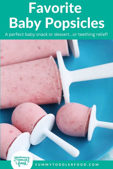 mini strawberry popsicles on blue plate for baby. Popsicles For Babies, Baby Popsicles, Toddler Recipe, Fruit Ice Pops, Peach Popsicles, Banana Popsicles, Strawberry Popsicles, Watermelon Popsicles, Canned Pears