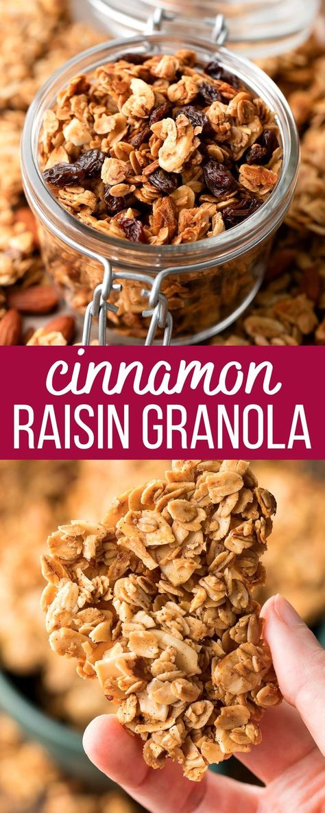 granola in jar and granola clusters Granola Recipe With Raisins, What To Do With Raisins, Homemade Cinnamon Granola, Granola Recipe With Maple Syrup, Cinnamon Raisin Granola Recipe, Granola With Raisins, High Protein Granola Recipe, Homemade Granola Clusters, Cinnamon Raisin Granola