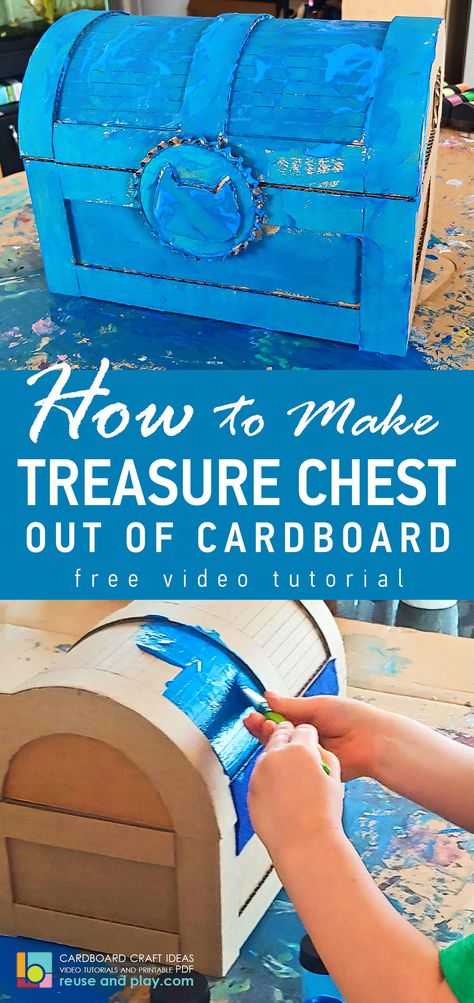 How to make treasure chest with lock from cardboard DIY video tutorial #treasurechest #piratepartychest #toybox #toystorage #treasurebox How To Make A Treasure Chest Out Of Cardboard, How To Make A Treasure Box Out Of Cardboard, Cardboard Box Treasure Chest, Diy Pirate Chest Cardboard Boxes, How To Make A Treasure Chest Diy, Diy Cardboard Treasure Chest, How To Make A Pirate Treasure Chest, Pirate Chest Diy Treasure Boxes, Cardboard Treasure Chest Diy