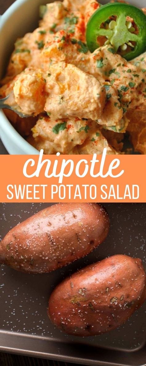 sweet potato salad with chipotle and jalapeno Chipotle Sweet Potato Salad, Essen, Chipotle Smashed Sweet Potatoes, Sweet Potato Potluck Recipes, Supper Ideas With Sweet Potatoes, Meals With Sweet Potatoes Side Dishes, Recipes That Use Sweet Potatoes, Healthy Sweet Potato Salad, Ways To Eat Sweet Potatoes