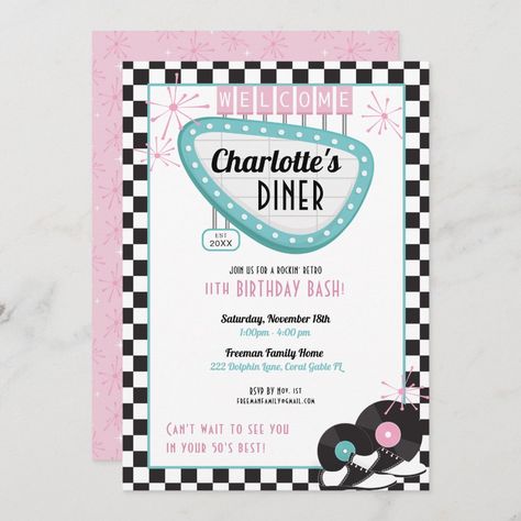 Grease Invitations Template, 1950 Birthday Party Ideas, Diner Themed Birthday Party, 1950s Birthday Party Theme, 50s Birthday Party Theme, 1950s Invitation, Diner Theme Party, 50s Diner Party, Diner Birthday Party