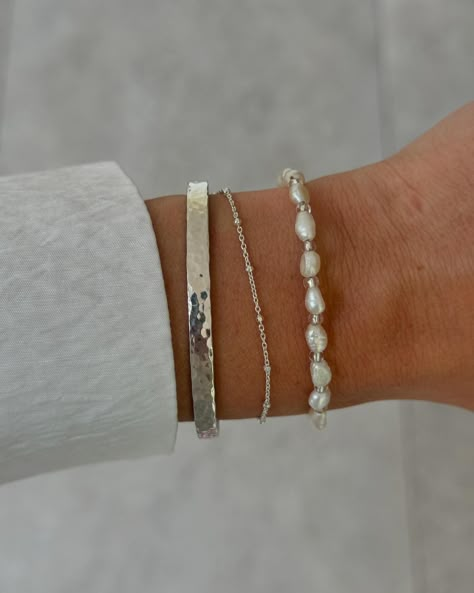 Beaded bracelets and necklaces are now available 💚 Add some colour to your wrist stack this summer ☀️ Choose from Pearl, blue or red 💫 #summerstyling #summerjewellery #beadedbracelets #wriststack #handmadejewellery #silverjewellery #silverbracelet Classy Silver Bracelets, Dainty Silver Bracelet Stack, Silver Wrist Stack, Trendy Silver Bracelets, Silver And Gold Bracelet Stack, Beaded Bracelets With Words, Jewelry Inspo Silver, Silver Jewelry Stack, Bracelets With Pearls