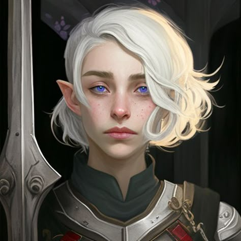 Snow Elf Dnd, Elf Short Hair, Dnd Elf Character Design, White Haired Elf, Elf Goddess, Pale Elf, Short Hair Blue, Dnd Elves, Short White Hair